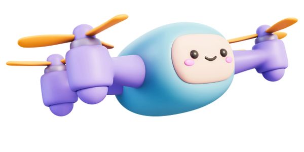 Cute blue drone with a smiling face and orange propellers in a cartoon style.