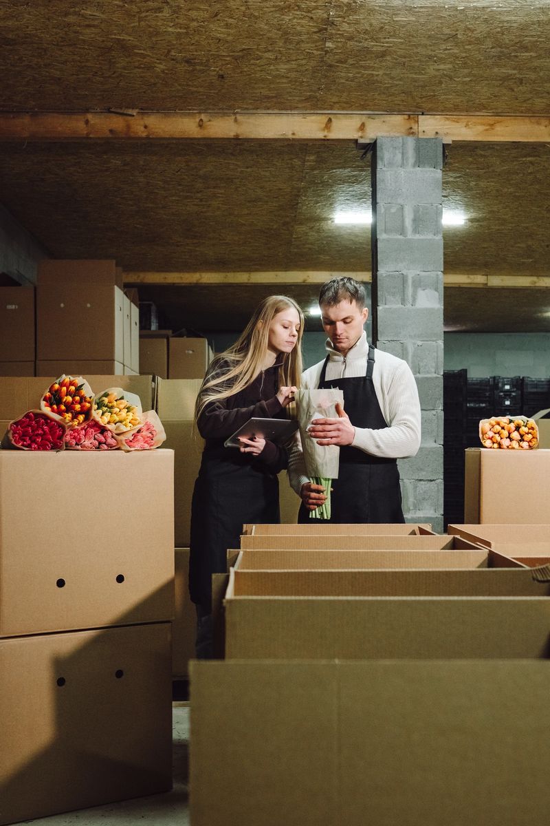 A young couple is engaged in inspecting fresh produce in a warehouse, surrounded by cardboard boxes filled with vibrant fruits and vegetables, highlighting their teamwork and commitment to quality in food distribution