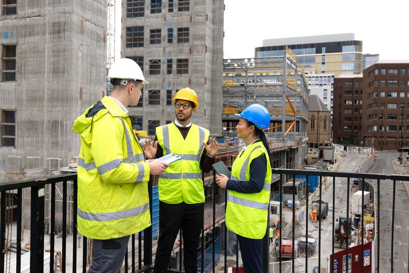 A wide shot of three construction employees standing together outside a construction site. They are discussing plans together using blueprints and an electronic tablet. The two men and woman are wearing high-visibility clothing and hard hats.Videos are available similar to this scenario.