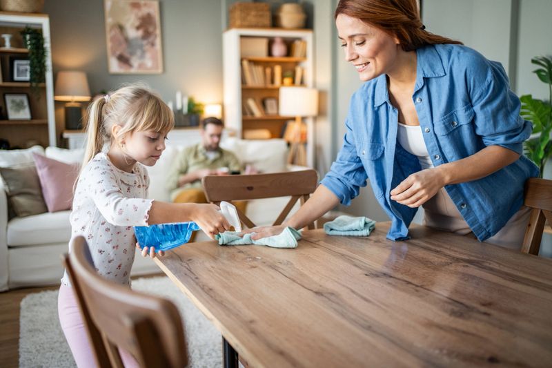 Mother and daughter wipe and spray the living room table together, sharing household chores and bonding while father relaxes on the sofa in a casual family moment