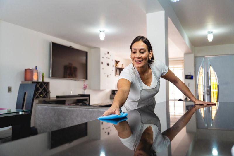 Concept of home cleaning and domestic life. Happy woman wiping a modern kitchen countertop with a blue microfiber cloth. Bright, clean kitchen with stainless steel appliances, white cabinets, and natural light. She’s smiling confidently while maintaining a spotless, organized home. Ideal for themes: housekeeping, daily chores, healthy lifestyle, family care, and home organization. Perfect for ads, blogs, editorial content, and websites targeting homeowners or cleaning product brands.