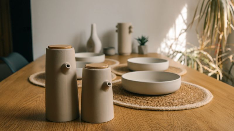A serene dining table is set with neutral-toned ceramic vessels, bowls, and woven placemats, creating a calming and stylish aesthetic.