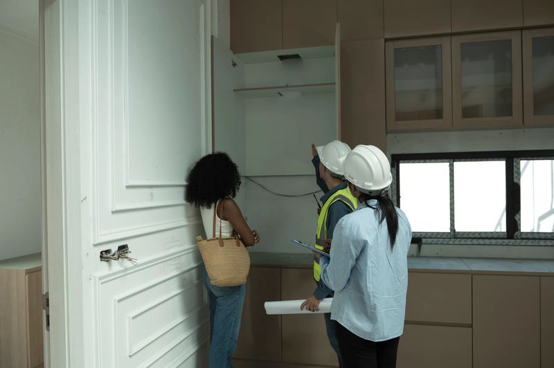 Architects and engineers discussing construction plans with a client inside a modern kitchen under renovation. The team is reviewing blueprints and taking notes on site.