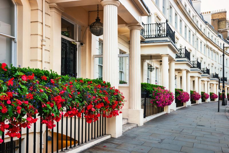 Georgian style white stucco Townhouses in Belgravia, London, UK.