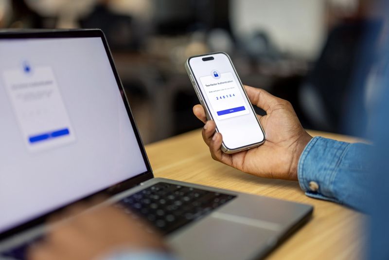 Close-up of hand holding phone with authentication code while entering it on laptop screen in tech office. Professional enters verification code from smartphone onto laptop, ensuring secure access in workplace.