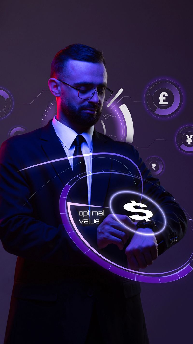 Man in a suit checking optimal value on smartwatch with glowing dollar icon in neon lightning. Concept of smart banking, personal finance tech, wearables, fintech value interfaces, mobile dashboards.