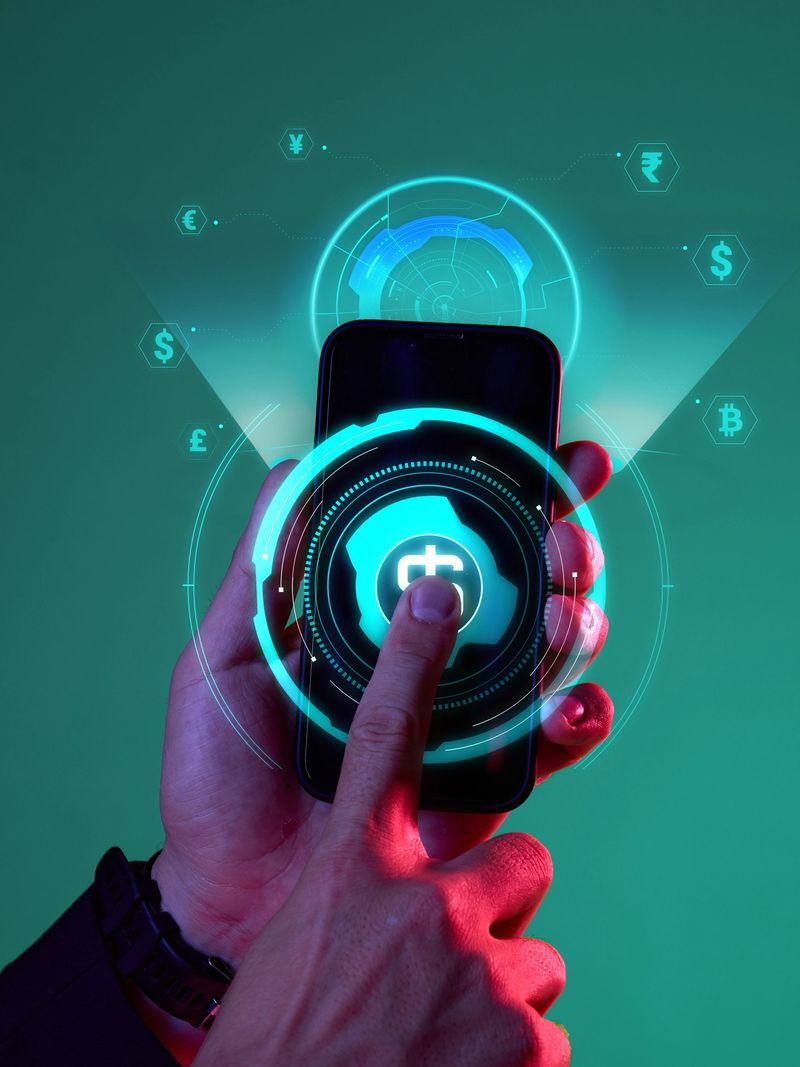 Male hand touching mobile screen with virtual currency dashboard. Concept of digital finance, global currency exchange, mobile banking, and app-based money transfers.