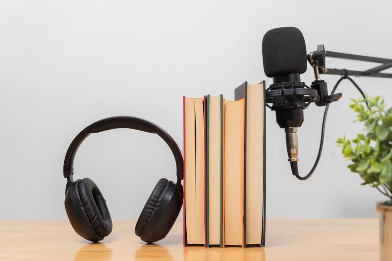 Close up of stacked books with headphones and a professional microphone on a wooden desk, symbolizing podcast, audiobook, education, online learning, knowledge sharing, reading, digital communication.