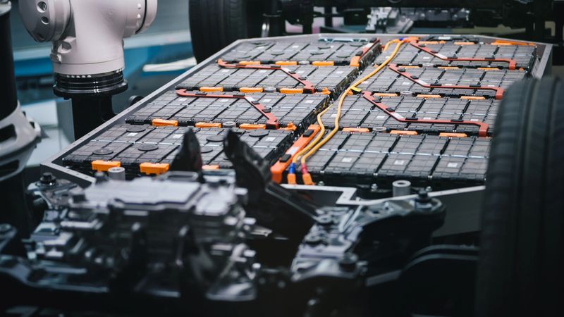 Close view of a robotic workstation assembling an electric vehicle battery system with visible wiring and modules. Concept of advanced battery technology, EV energy storage, robotics in industry 4.0, clean transportation future, and sustainable automotive innovation.