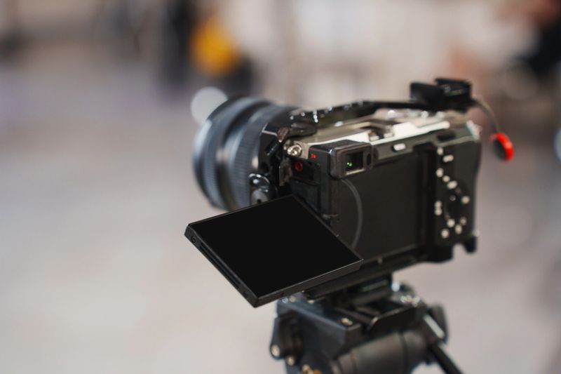 A professional camera is mounted on a tripod, featuring an adjustable screen. It is positioned in a well-lit studio, ready for an upcoming photography session.