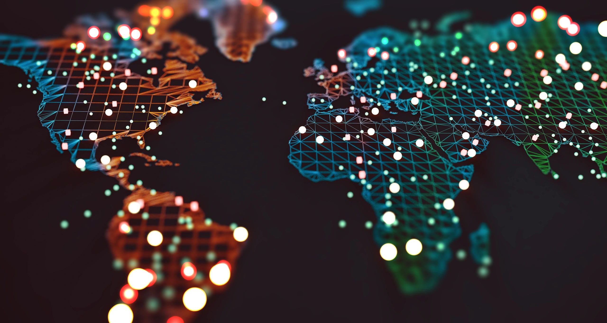 Digital world map with glowing data points and network grid.