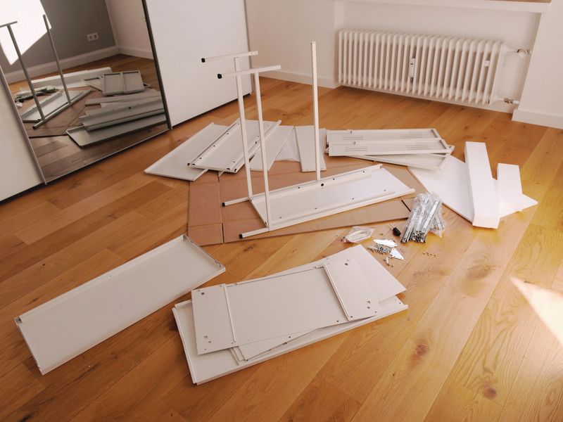 Flat-pack furniture assembly in modern room – white panels, screws, manual, mirrored wardrobe, DIY setup on wooden floor with natural light. Home improvement tools and parts laid out.