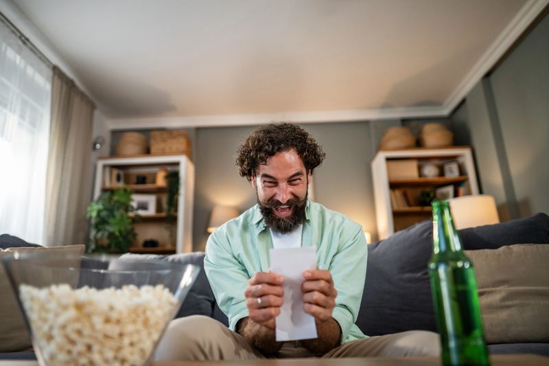 Man with a beard celebrating an unexpected win, holding a lottery ticket and expressing excitement while sitting on a couch with popcorn and a bottle of beer
