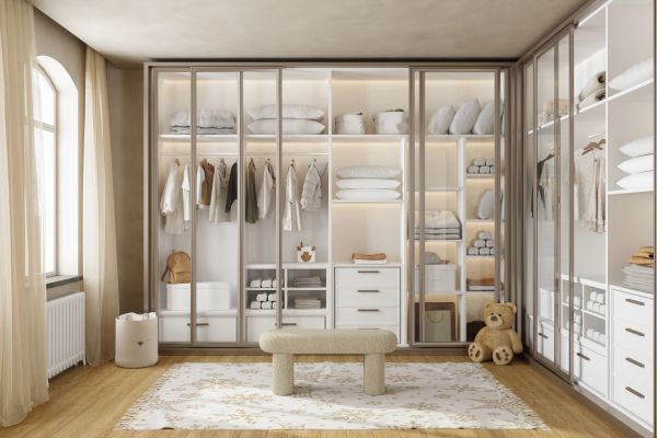 Bright, organized walk-in closet with glass doors and neutral tones.