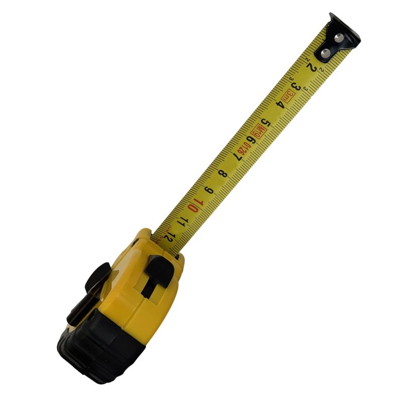 Side view of a measuring tape with extended metal ruler, yellow case and black grip. Designed for construction, renovation and precise measurement tasks.