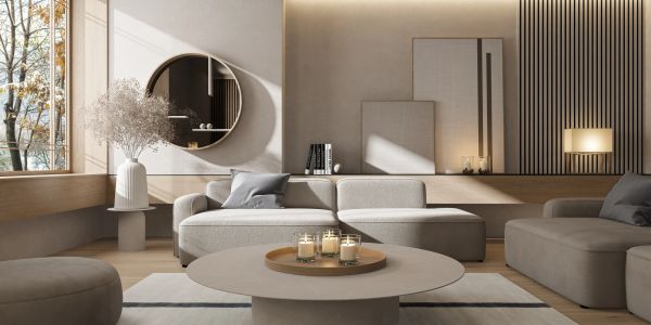 Minimalist living room with neutral tones and modern furniture.