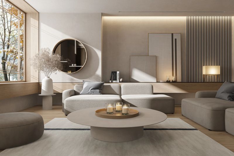 Modern Japandi-style living room featuring a large sectional sofa in soft beige and gray tones, complemented by a round coffee table, circular ottoman, and natural accents. Vertical slat wall detailing, built-in shelving, and a sculptural ceiling light enhance the minimalist aesthetic. Ideal for showcasing renovated apartments, villas, or penthouses in real estate listings, interior design portfolios, or lifestyle branding focused on calm, functional elegance.