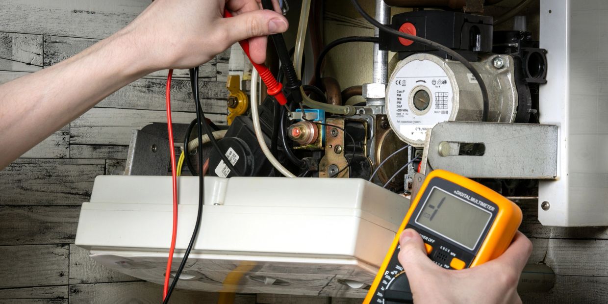 Hands testing a boiler with a multimeter.