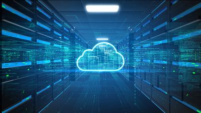 Digital cloud icon in a data center aisle.