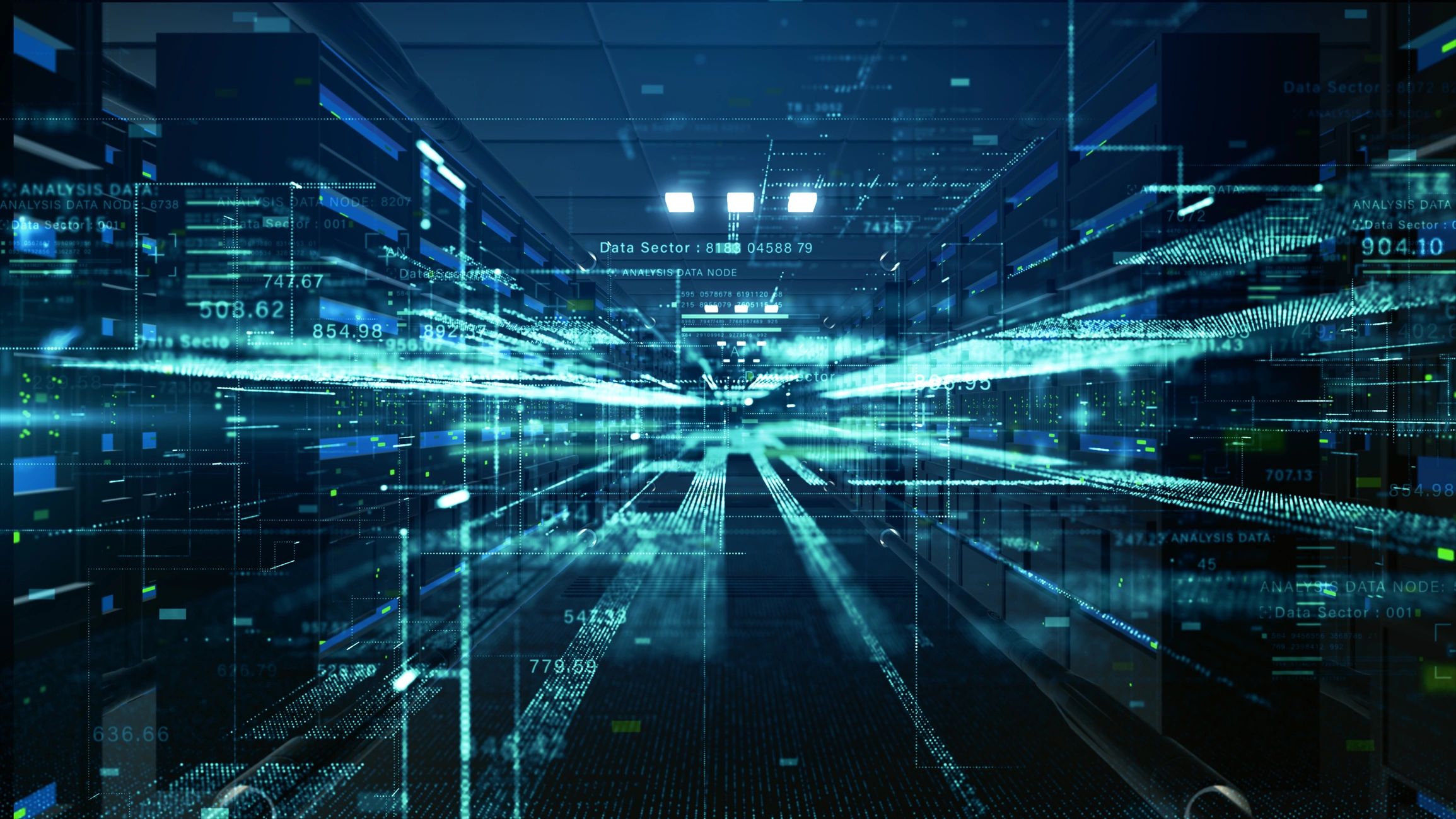 Security guard monitoring multiple surveillance screens with a walkie-talkie.