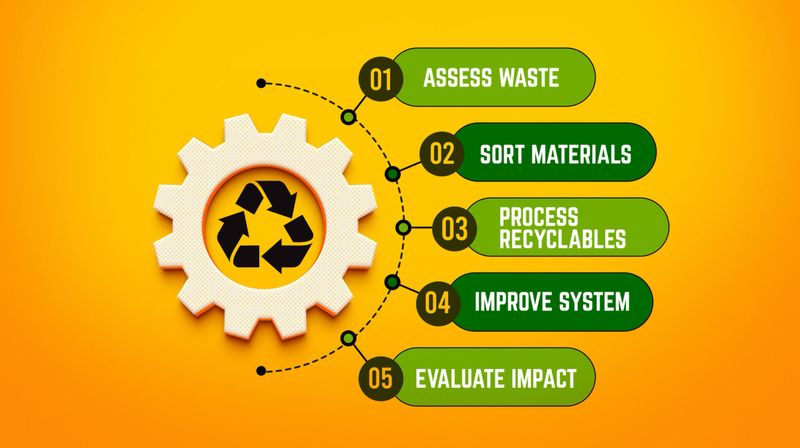 This compelling infographic visualizes a five-step System for effective Waste Management and sustainable practices. Featuring a prominent Recycling Symbol inside a gear, the graphic details a clear Process: assessing waste, sorting materials, processing recyclables, improving the system, and evaluating impact. The bright, engaging design is perfect for promoting Environmental Conservation and Green Technology. An excellent visual aid for educational materials, corporate social responsibility reports, and campaigns focused on Sustainability and the Circular Economy. This illustration effectively communicates the essential stages of Recycling for a healthier Environment.
