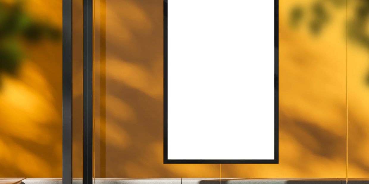 Blank vertical billboard on an orange wall with shadows.