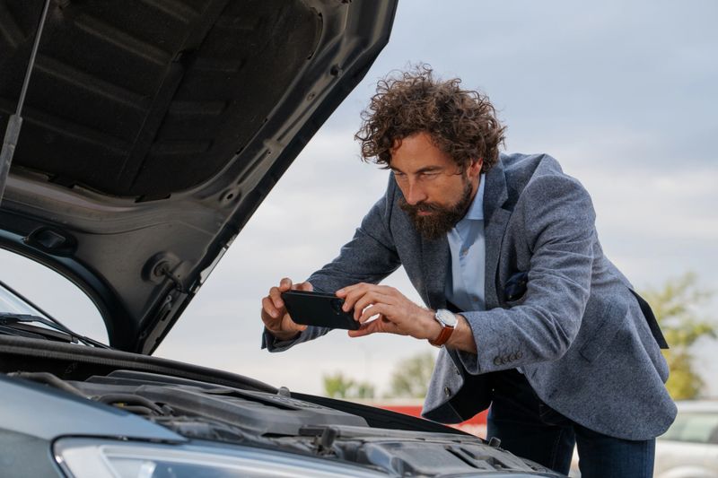 Bearded man in blazer uses his phone to take photos of his car's engine while the hood is open  capturing evidence of mechanical trouble. Great for insurance companies, auto warranty programs, or digital diagnostic platforms. Natural daylight, authentic emotion.