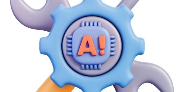 Colorful 3D gear with AI chip symbol and tools.
