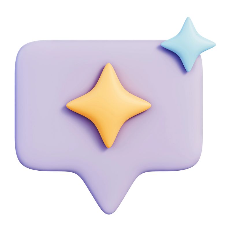 Chat message bubble with star sparkle, representing notifications, prompts, replies and conversation support for social messaging and UI design. Isolated on white background, 3d illustration.