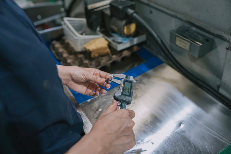 Asian female technician in industrial uniform performs quality control by measuring machined metal parts using a digital vernier caliper next to a CNC lathe machine inside a precision manufacturing factory.
