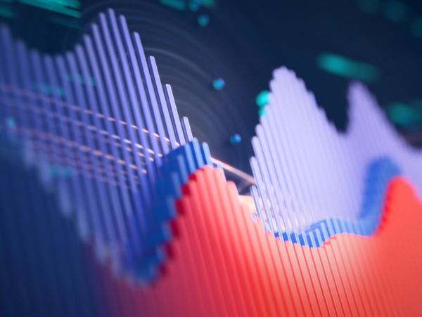 3D visual of overlapping red and blue waveforms against a dark background.
