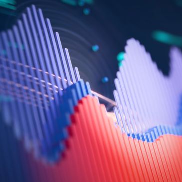 Colorful 3D waveforms made of vertical lines against a dark background.
