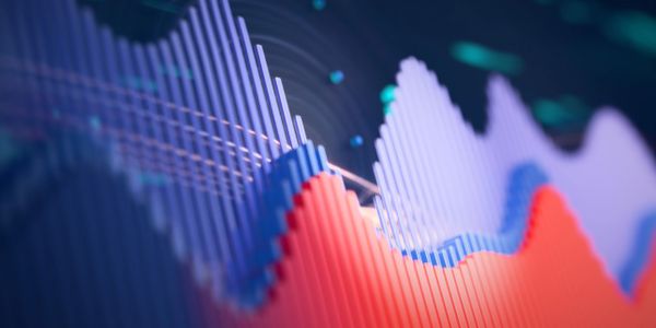 Colorful 3D waveforms and graphs in blue, purple, and red tones.