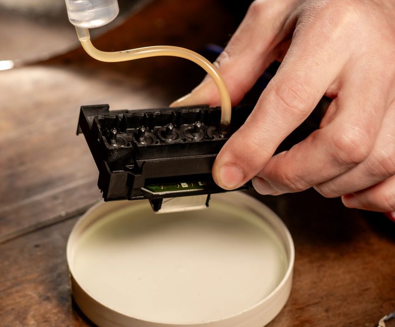 Professional technician holds print head during repair procedure. Close-up shows details of inkjet printer component restoration. precise maintenance on printer head in workshop environment.