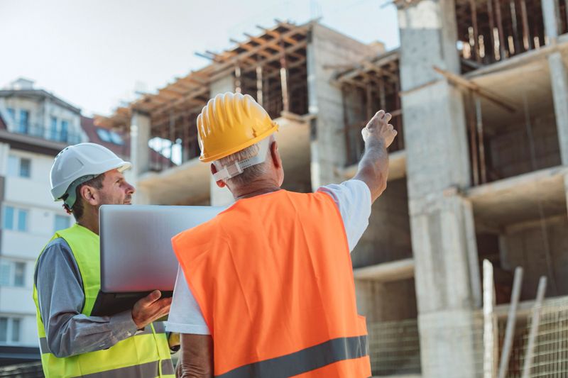 Two individuals in safety gear stand at construction zone. One extends arm toward structure the other holding laptop.