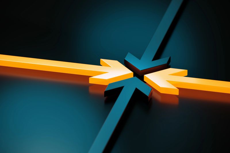 Arrow symbols in contrast colors are merging on dark blue background. Horizontal composition.