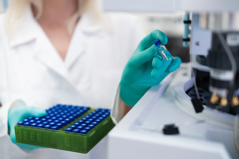 Laboratory researcher wearing protective gloves placing sample vial into high performance liquid chromatography system for chemical and clinical analysis. Concept of pharmaceutical testing, biotechnology, and precision science.