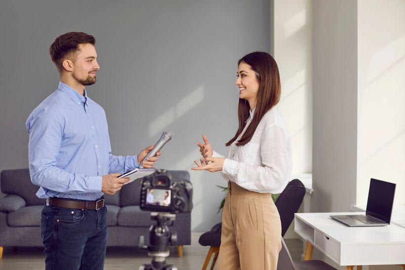 Professional cheerful male journalist standing with microphone interviewing young businesswoman in office. Portrait of successful young woman giving interview to reporter at workplace