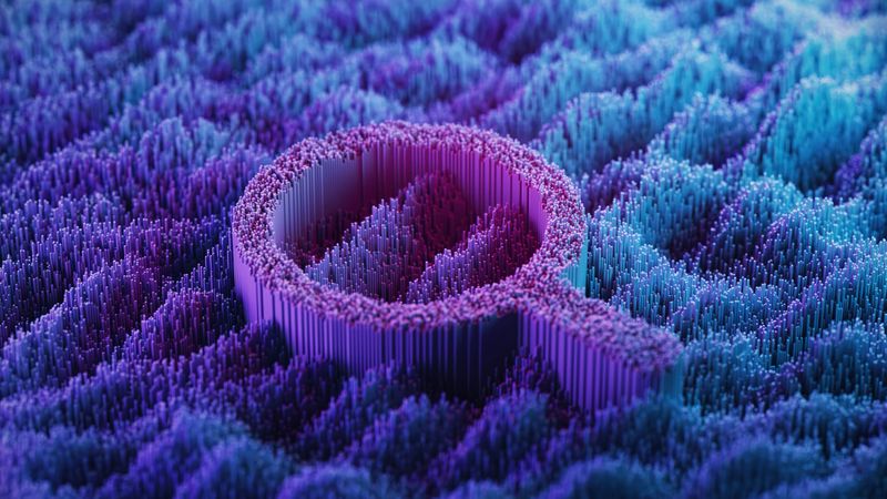 Magnifying Glass on abstract digital landscape - Digital Analytics - Blue, Pink Colors. Search and Solution Concept. Wave and Grid Pattern.