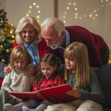 Grandparents reading a book with grandchildren by Christmas tree.