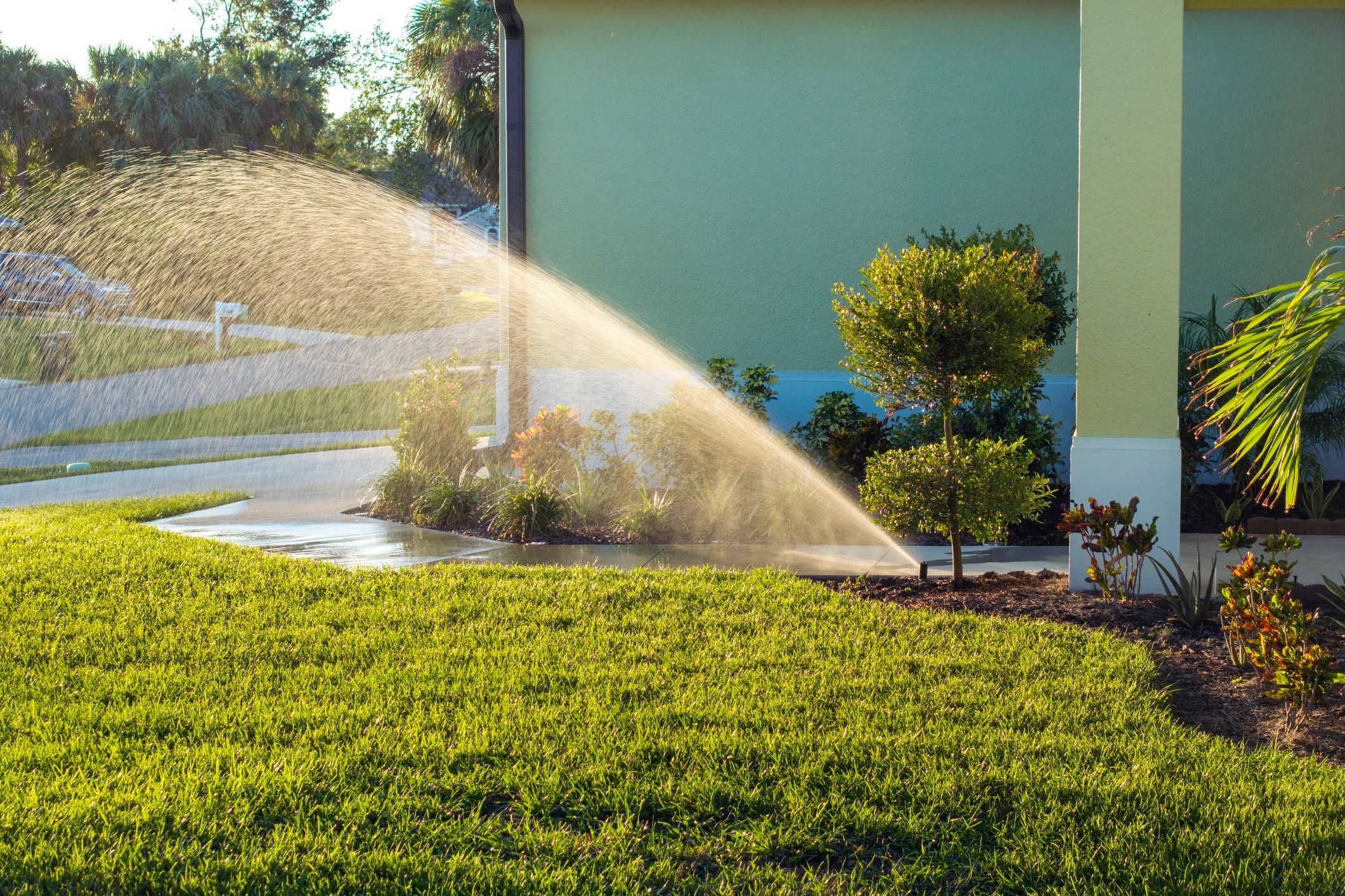 A lawn sprinkler watering plants near a house in the sunlight.