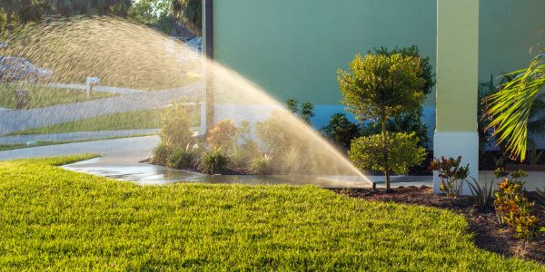 Sprinkler watering a lawn near a house.