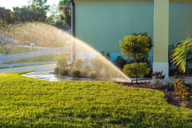 Lawn grass watering with automated sprinkler. Keeping green backyard during dry season.