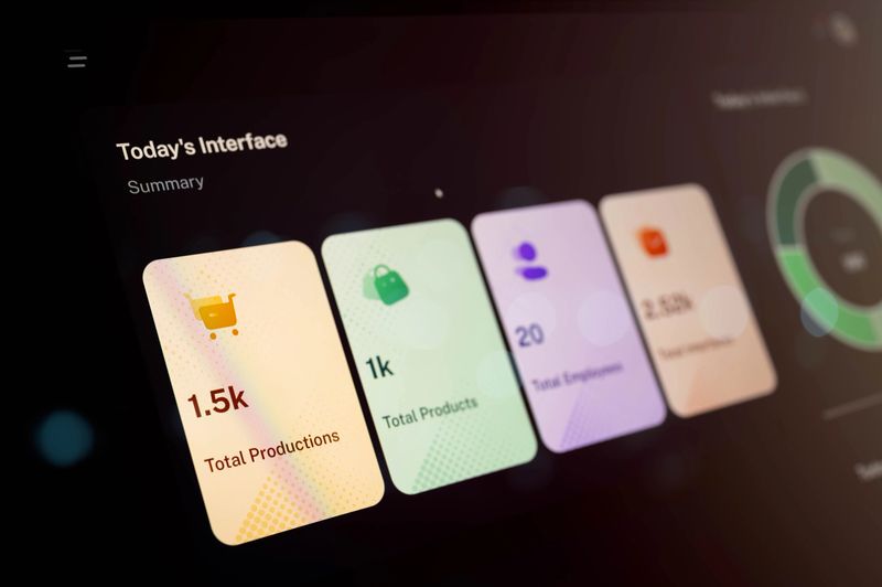 Angled close-up of business dashboard summary showing total productions, products, employees, and interfaces. Ideal for data-driven design, UI mockups, and business analytics content.