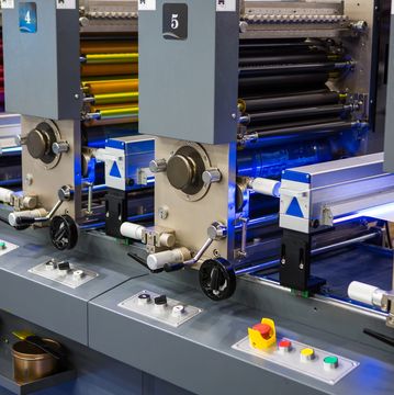 Close-up of industrial printing machines.