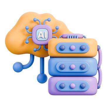 3D illustration of AI brain and server stack in pastel colors.