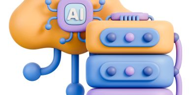 3D illustration of AI robot with control panels in pastel colors.