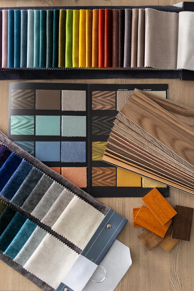 Fabric, wood, and color samples on a table for interior design. Ideal for home renovation, consulting, architecture, and design themes.