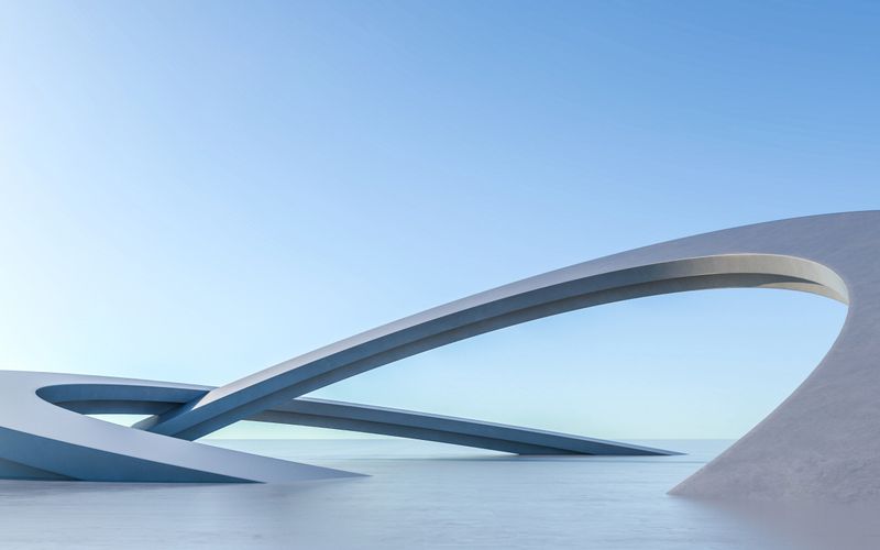 Futuristic curved concrete bridge structure over water with minimalist design, 3d rendering