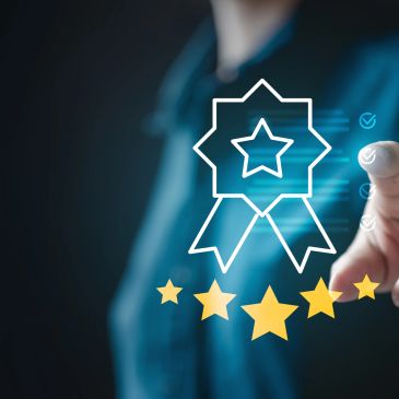 Person interacting with a digital five-star rating and badge icon.